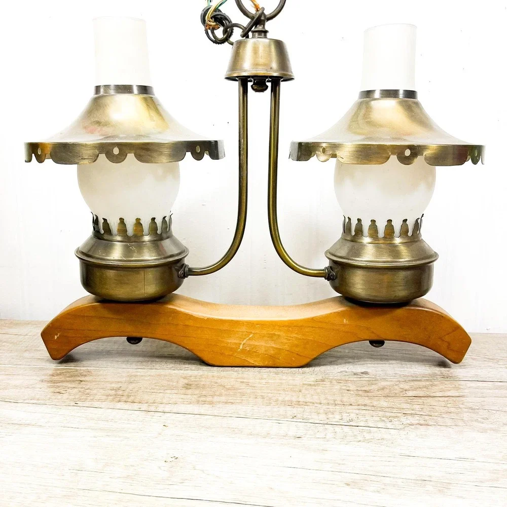 Vintage Western Horse Yoke Brass and Wood Light Fixture